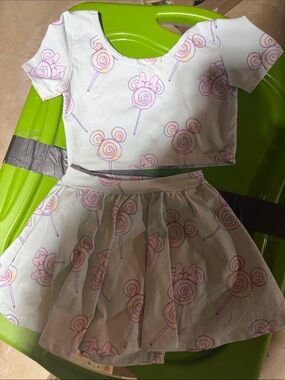 Girls White Lollipop Print Matching Top & Skirt Set